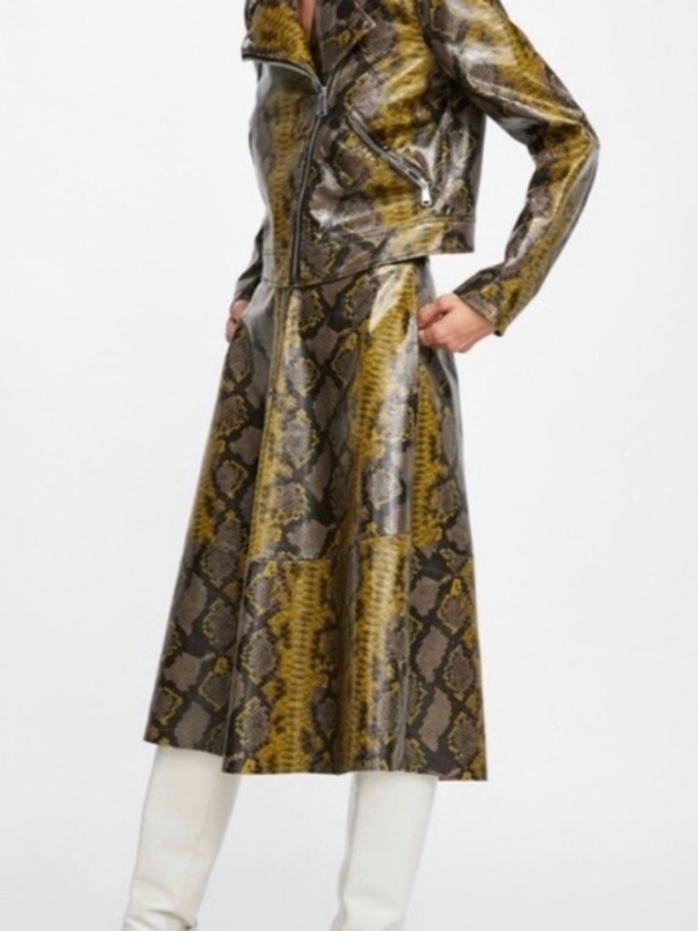 Zara Yellow Brown Snake-Print Midi Skirt